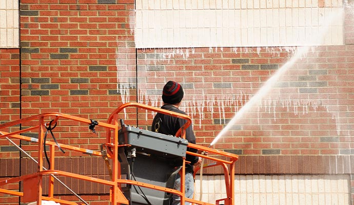Professional pressure washing service for a brick wall surface Professional pressure washing service for a brick wall surface