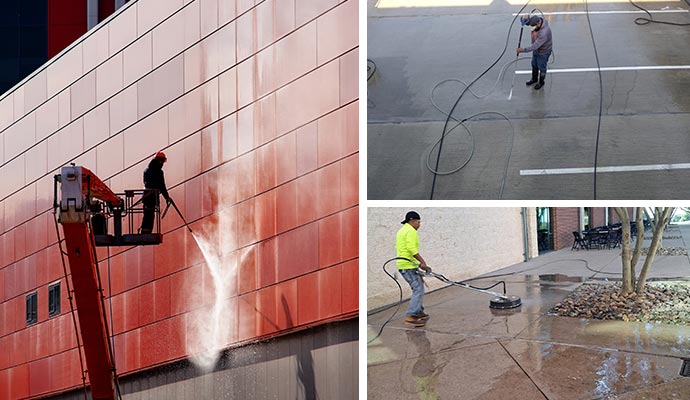 Collage of building exterior, parking lot, and sidewalk cleaning services Collage of building exterior, parking lot, and sidewalk cleaning services